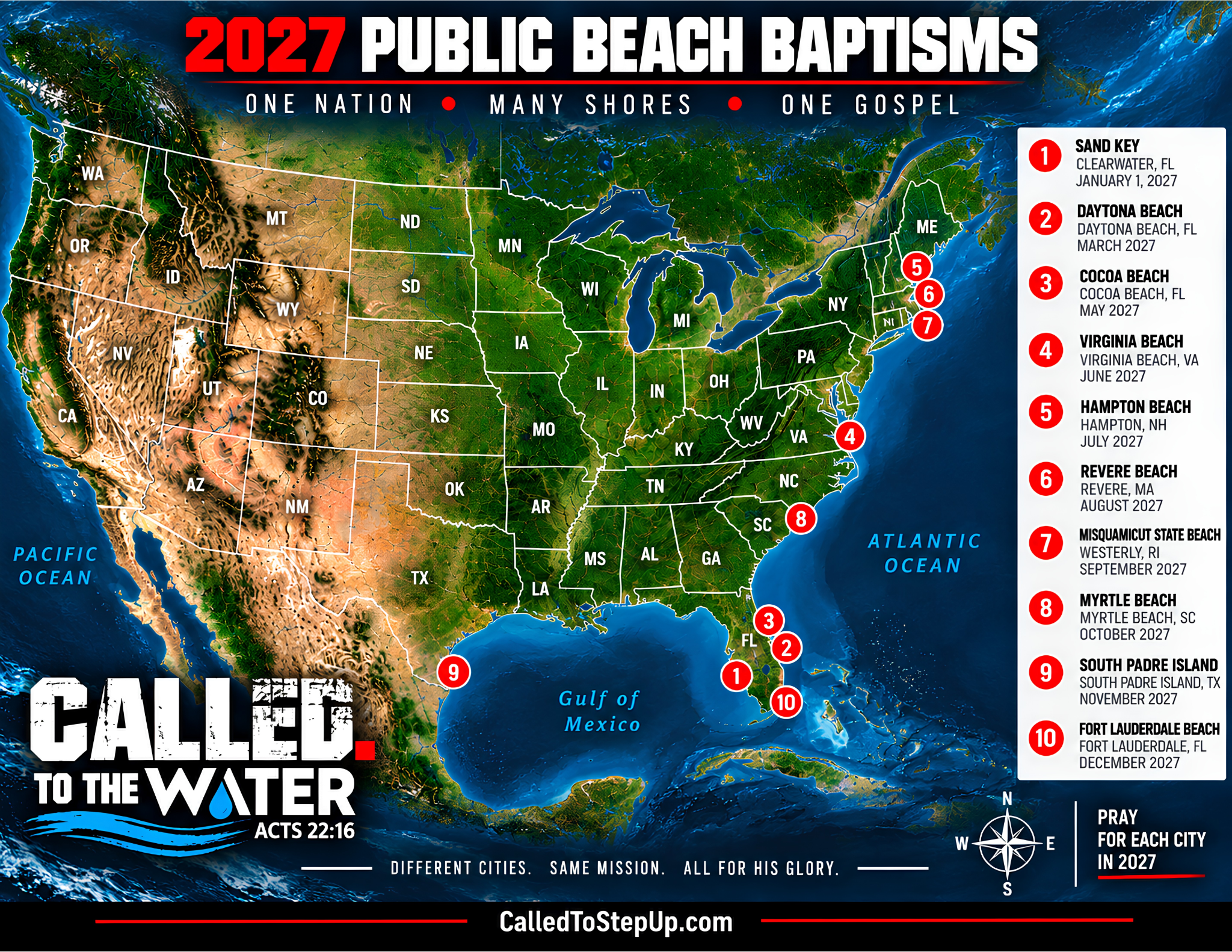 Map of ten Called To Step Up public beach baptisms planned across the United States in 2027